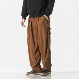 Men's Pants Japan Style Baggy Corduroy Oversized Trousers Wide Leg Side Pocket Elastic Waist Multi-pocket Vintage Bottoms Black