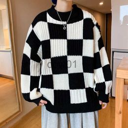 Men's Sweaters Vintage Plaid Black Knitted Sweater Men Checked Pullovers Y2K Brown Sweaters Men 2023 Winter Harajuku Korean Fashion Streetwear J231014