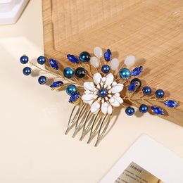 Blue Crystal Hairpin Wedding Hair Comb Pearl Floral Tiaras Fashion Noiva Engagement Hair Jewelry Elegant Marriage De Bijoux