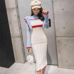 Spring Female Casual Vestidos Bodycon Contrast Design Knitted Dress Korean Lady Sweet Cute Clothing 210520242C