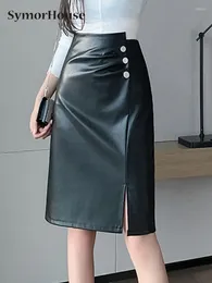 Skirts Autumn Winter Black PU Leather Midi Women High Waist Office Lady Single-breasted Folds Wrap Hip OL Straight Girls