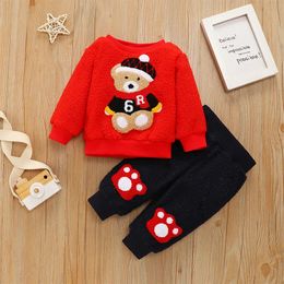 Clothing Sets Baby Boys and Girls Bear Embroidered Wool Top Footprint Pattern Pants 2PCS Casual Childrens 231013