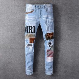 Men's Jeans Fashion Patch Ripped Blue Men Slim Fit Designer Washed Denim Trousers Hip Hop DJ Party Punk Rock Pants316n