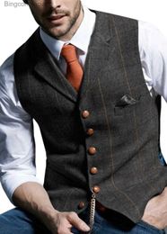 Men's Vests Men's Vests Tweed Suit Business Clothing for Men Striped Waistcoat Punk Vest Groomman Wedding Brwon Black Grey JacketL231014