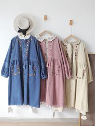 Women's Trench Coats 120cm Bust / Spring Autumn Women Sweet Mori Kei Girls Loose Floral Embroidered Comfortable Corduroy Cotton