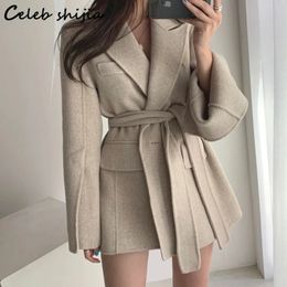 Women' Blends 2023 Khaki Woolen Jacket Women Lace up Winter Fall Chic Thicken Blend Coats Ladies Office Korean Elegant Autumn Outerwear Street 231013