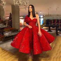 Party Dresses Amazing Sequins Puffy Custom Made Evening Dress One Shoulder Midi Length Formal Gowns Arabia Middle East Style260r