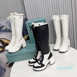 Winter Designer Women Long Boots Over Knee Sexy Fashion Brushed NylonBlack and White Rubber Triangle LogoWinter Martin Lace Up Shoes