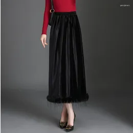 Skirts Tassel Spliced Black Pleuche Long Skirt Women Autumn Winter Vintage Elegant Elastic High Waist Slim Casual Straight Skrits 23679