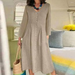 Casual Dresses Women V-neck Long Sleeve Midi Dress Buttons Decor High Waist Pockets Design Solid Color Loose Fit