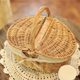 Outdoor Bags Handmade Large Wicker Basket Handle Picnic Bag Willow Woven Storage Hamper Double-Lid Camping Outdoor Fruit Holder Organiser 231013