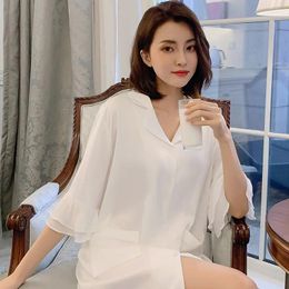 Women's Sleepwear Women Turn-down Collar Casual Sleepshirts White Satin 3/4 Sleeve Nightgown With Pocket Home Dress Spring Summer