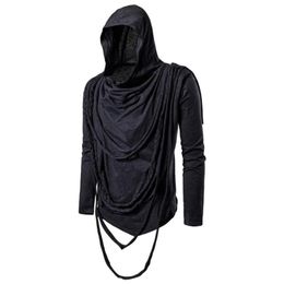 Men's T-Shirts Men Autumn Punk Rock Hip Hop Long Sleeve T Shirt Ripped Tassel Hooded Tees Tops Man Gothic Style Cloak Black W2952