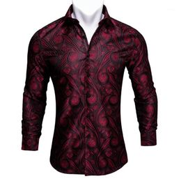 Barry Wang Red Paisley Bright Silk Shirts Men Autumn Long Sleeve Casual Flower Shirts For Men Designer Fit Dress BCY-011259V