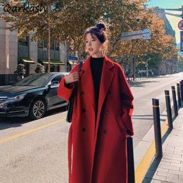 Women's Wool Blends Elegant Wool Blends Coats Women Autumn Winter Lace-up Double Breasted Long Single Fe Leisure Loose Red Black Solid ClothL231014