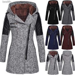 Women's Wool Blends Women's autumn and winter mid length hooded loose diagonal zipper Woollen trench coat composite plush cotton jacketL231014