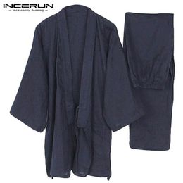 Men's Sleepwear Men Kimono Set Homewear Japanese Style Solid Color Cotton Tops And Pants Pajamas Loose Casual Comfy L-5XL240O