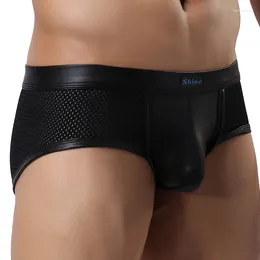 Underpants Sexy Underwear Men Boxers Shorts Breathable Mesh Panties Man Faux Leather Pouch Cueca Calzoncillos