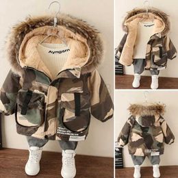 Down Coat Winter Boys Coat Baby Fur Collar Hooded Cotton Plus Velvet Thicken Warm Camouflage Jacket for Children's Outwear Kids Clothes J231013