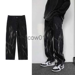 Men's Jeans Black Tie Dyed Jeans Men's Straight Chic Loose Ruffian Handsome American Vintage Pants High Street Fashion Is Very Handsome J231014