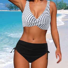 Women's Swimwear High Waist Sexy U Shaped Open Back Bikini With Chest Pads Border Splitting Stripe Volleyball