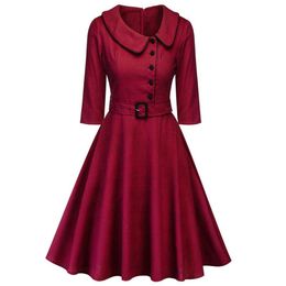 Women Elegant Spring Wine Red Party Dress Feminino Vestidos Audrey 1960s Swing Rockabilly RobeButton Belts Formal Dress225S