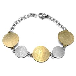Religious San Benito Bracelet For Women Stainless Steel Bracelets Gold St Benedict Cross Charm Fashion Jewellery Coin Gift 2020233W