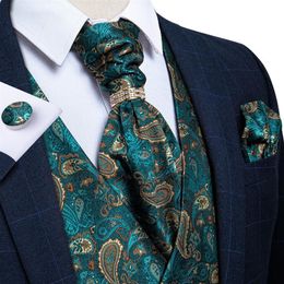 Men's Vests Designer Mens Green Paisley Silk Waistcoat Vest Ascot Tie Handkerchief Necktie Ring Cufflinks Set Sleeveless Jack279t