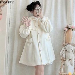 Women's Wool Blends Winter Women's Woollen Coat Japanese Lolita Style Sweet Kai Bow A-Line Loose Jackets Fe Elegant Fall Korean Fashion OutwearL231014