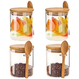 Seasoning Glass Jar with Spoon, Coffee Bean Canister with Bamboo Lid, Sealed Food Storage Container, Kitchen Seasoning Can