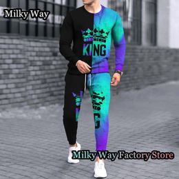 Men's Tracksuits Spring Colorful King Print Tracksuit Fashion Long Sleeve T-Shirt Trousers Set Male Jogging Suit Vintage Clothing Outfit