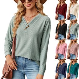 Womens Tops 2023 Fashion Button Eyelet T-Shirts Long Sleeve V Neck Plus Size Tunic Casual Loose Fall Trendy Outfits