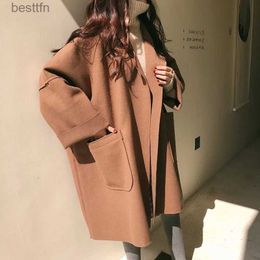 Women's Wool Blends Elegant Woolen Trench Coat Winter for Women Vintage Windbreakers Jacket Mid-Length Loose Turn-Down Collar Plus Size 2XL CardiganL231014