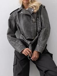 Women's Leather FTLZZ Spring Autumn Vintage Faux Short Jacket With Belt Women Streetwear Turn-down Collar Zipper Moto Biker Pu Coat