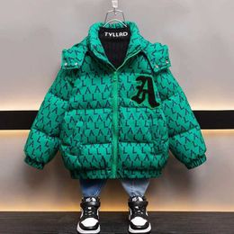 Down Coat Kids Down Cotton Clothes Thickened Big Letter Winter Teenage Boys Green Jacket Children Warm Hooded Padded Coat XMP275 J231013