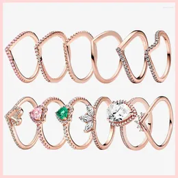Cluster Rings Wishbone Rose Gold For Women 925 Sterling Silver Original Heart Crown Crystal Engagement Wedding Party Jewellery