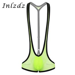 Mens Wrestling Singlet Bodysuit See Through Sheer Fishnet Y-back Bulge Pouch Suspender Jockstrap Leotard Underwear Bodysuit273t