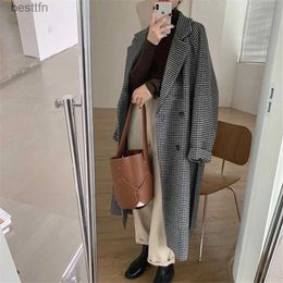 Women's Wool Blends Winter Thicken Long Wool Blend Coats Women Casual Loose Houndstooth Plaid Jackets New Warm Cotton Padded Woolen Korean ChaquetaL231014