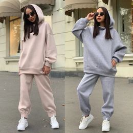 Womens Two Piece Pants Womens Tracksuit Warm Hooded Two Piece Set Loose Hoodies Jogger Pants Sets Female Autumn Winter Casual Sportswear Suit 231013