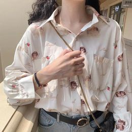 Women's Blouses Korean Vintage Elegant Blouse Women Autumn 2023 Lantern Long Sleeve Female Clothes Harajuku Angel Print Loose Womens Shirt