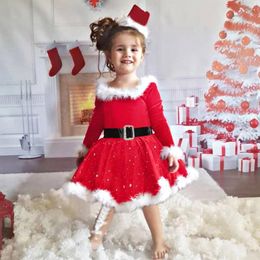 Girl Dresses Children Kids Christmas Dress Suit Fannelette Wine Red Two Piece Solid Set With Belt