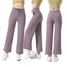 L-010 Women's pants with straight tube high waist drawstring loose fit small wide leg slimming exercise and fitness Trousers