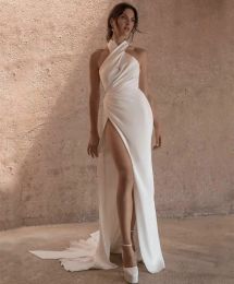 Sexy Long Halter Neck Crepe Plus Size Wedding Dresses Sleeveless with Slit Mermaid Sweep Train Bridal Gowns for Women