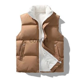 Men's Down Parkas New Winter Vests Men Fleece Warm Sleeveless Jacket Casual Mens Solid Waistcoat Thick Fashion Stand Collar Zipper Vest Outwear J231014