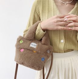 New Plush Backpack Imitation Rabbit Hair Small Tote Bag Button Handheld Design Cute Small Square Bag Children's Crossbody camel Style