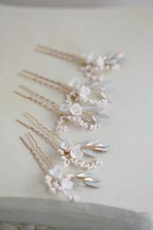 Wedding Hair Jewelry Porcelain Flower Hair Pins Clips Opal Head Pieces Gold Silver Color Hairpins For Brides Women Bridal Jewelry Wedding Accessories 231013