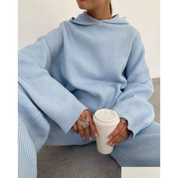 Women'S Hoodies & Sweatshirts Winter Women Knitted 2 Piece Set Long Sleeve Plover Sweater And Pocket Pant Suit Pcs Outfits Plus Size 2 Dhqrk