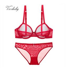 Bras Sets Varsbaby Sexy Big Red See-through Yarn Lingerie Set Rhinestone Bow Transparent Bra And Panty319C