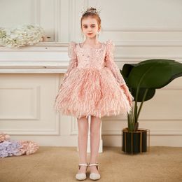 Elegant Shiny Flower Girl Crystal Tulle Trailing Blingbling Evening Gown Long Sleeve Kids Pageant Party Feather Lace Princess Birthday Dress 403
