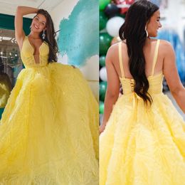 Light Yellow Long Prom Dress 2k24 Deep V-Neck A-Line Lady Pageant Winter Formal Evening Cocktail Party Hoco Gown Tarik Lace-Up Back Floral Patterns